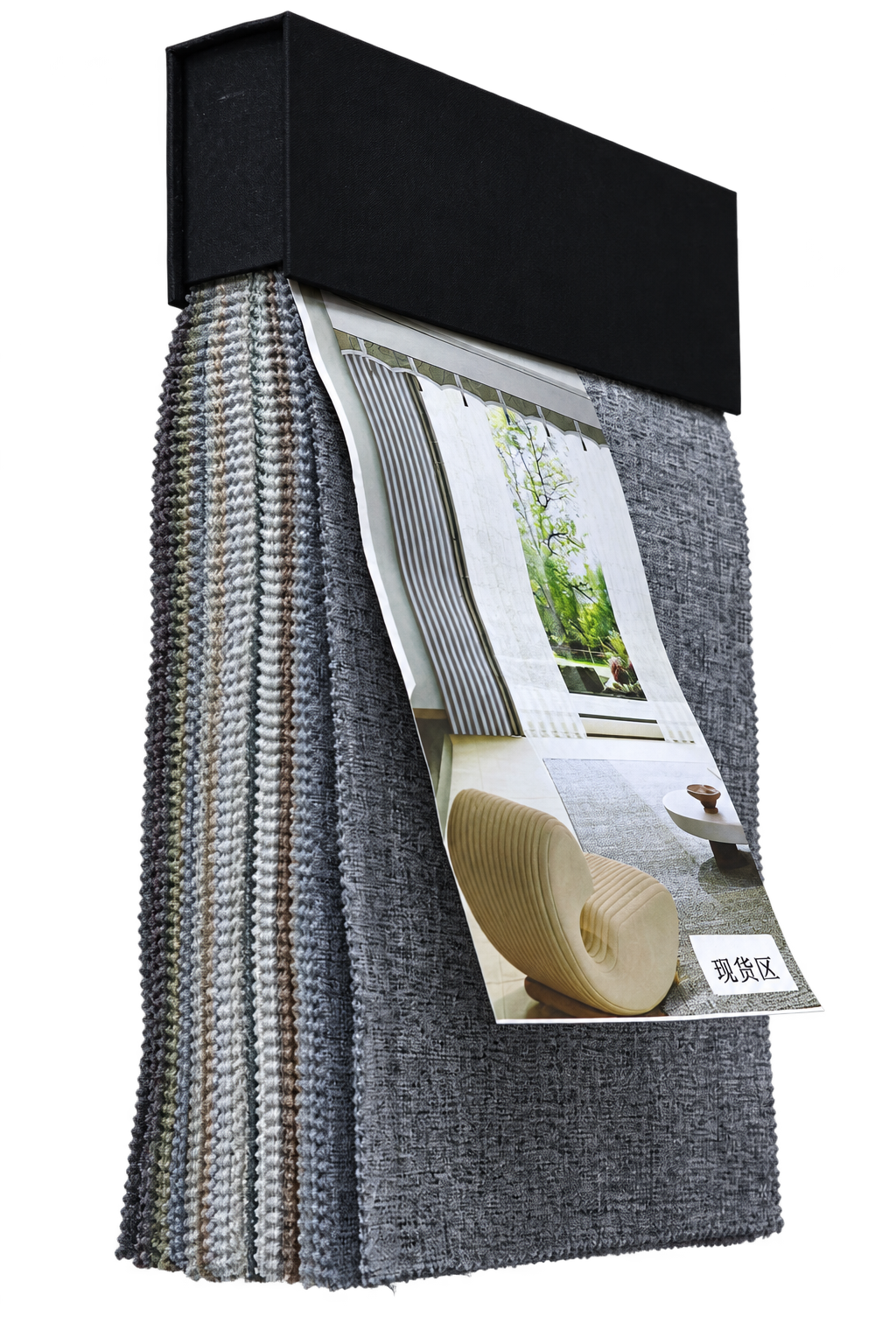 BY001 fabric sample collection, side view showing layered depth